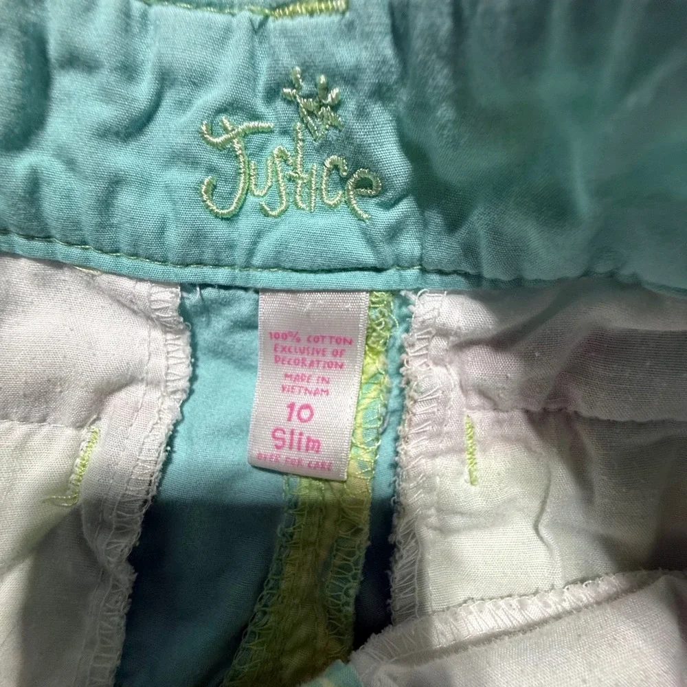 Y2K Justice Patchwork Shorts Turquoise Green Plaid Floral Retro Kidcore 10 Slim